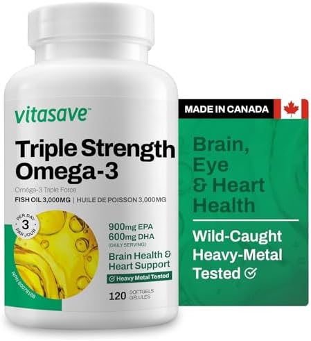 Vitasave Triple Strength Fish Oil Omega 3 Supplements – High-Potency 3000mg with 900mg EPA + 600mg DHA - Burpless Fish Oil Capsules for Heart, Brain & Joint Health - Non-GMO and Gluten-Free (120 Softgels - 40 Days Servings)