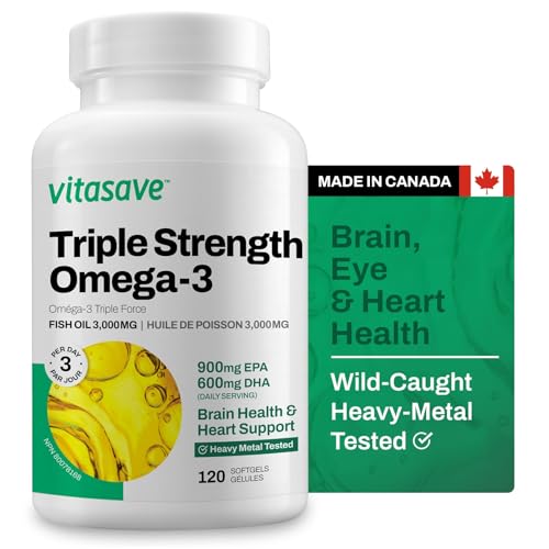 Vitasave Triple Strength Fish Oil Omega 3 Supplements – High-Potency 3000mg with 900mg EPA + 600mg DHA - Burpless Fish Oil Capsules for Heart, Brain & Joint Health - Non-GMO and Gluten-Free (120 Softgels - 40 Days Servings)