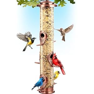 Gray Bunny Metal Bird Feeders for Outdoors Hanging, Brushed Copper Squirrel Proof Bird Feeders with Locking Lid & Adjustable Hanger, Chew-Proof, Weather Resistant – 16 Inches 6 Port