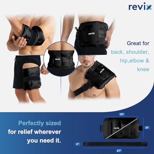 Image of REVIX Ice Pack for Injuries Reusable Gel for Lower Back & Shoulder, Black | 16x9in Full Coverage for Lower Back, Shoulder, Hip & Knee, Cold Compress Therapy, Hands-free Strap, Long-lasting Gel