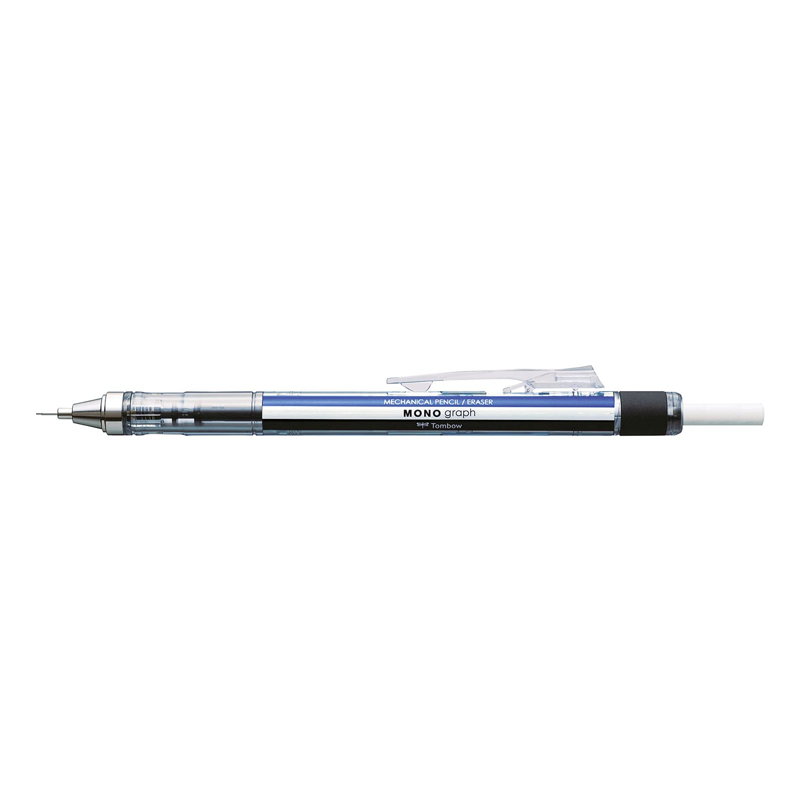 Tombow Mono Graph Mechanical Pencil 0.5 mm, Blue/White/Black, HB, Precise Drawing with 4 mm tip, Shaking Mechanism, refillable Eraser Included [SH-MG]