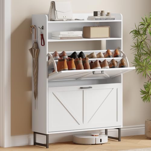 Image of Shoe Cabinet with 2 Flip Drawers, Freestanding Hidden Shoe Storage Organizer for Entryway, Narrow Slim Shoe Rack Cabinet with Open Storage & Hooks for Front Door Entrance, Living Room, Hallway, White
