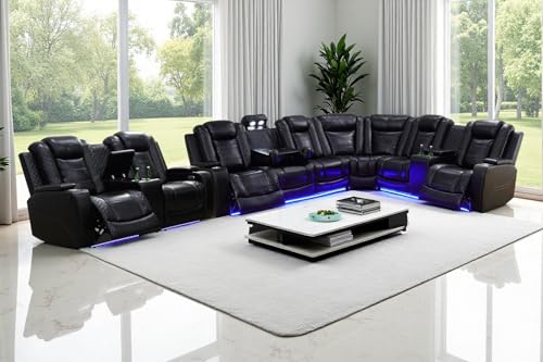 Image of Leather Power Recliner Sectional Sofa Set with LED, Breathing Leather Reclining Corner Couch & Loveseat, L-Shaped Recliner Sofa Power Loveseat with Cup Holders /Storage for Living Room