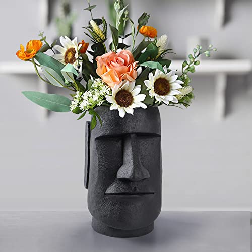 Notakia Easter Island Head Moai Statue Flower Vase Face Pots Head Shaped Decor Crafted Figurines For Home Decor Accents Made Of Resin - 10.3" Height (Black-Big) #TOP2