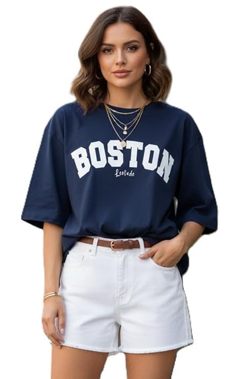 Image of LEOTUDE Half Sleeve Cottonblend Oversized Tshirt for Women, Round Neck