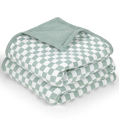 Image of lulumoon Muslin Baby Blanket Neutral: Cotton Toddler Blanket for Daycare | Reversible Cotton Crib Blanket for Daycare - Breathable Baby Swaddle for Stroller & Travel, 47x47in (Sage Checkered)