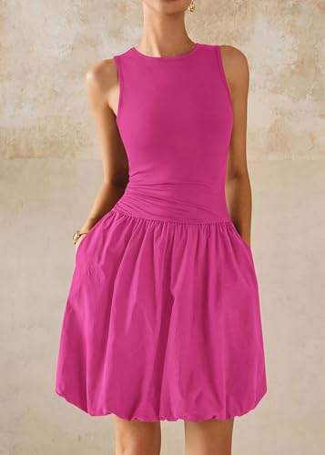 Image of KIRUNDO Summer Dresses for Women 2026 Cute Mini Sleeveless Bubble Dress | Stretchy Ruched Front Cinched Waist, Woven Balloon Skirt, Crewneck Tank Sundress With Pockets, Casual Party Vacation Outfits