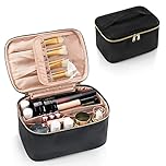 Makeup Bag, Portable Cosmetic Bag, Large Capacity Travel Makeup Case Organizer for Women and Girls, Train Case Makeup Bag for Toiletries for Traveling with Handle and Divider, Black