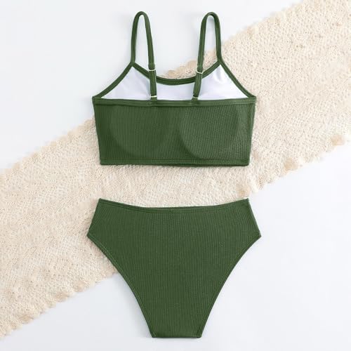 Girls Bathing Suit Casual Solid Color Adjustable Straps Bikini Sets Two Piece Ribbed Swimsuit Summer Beach Swimwear3
