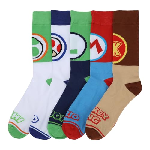 Bioworld Super Mario Bros Colorblock Character Designs Adult 5-Pair Casual Crew Socks-OSFA