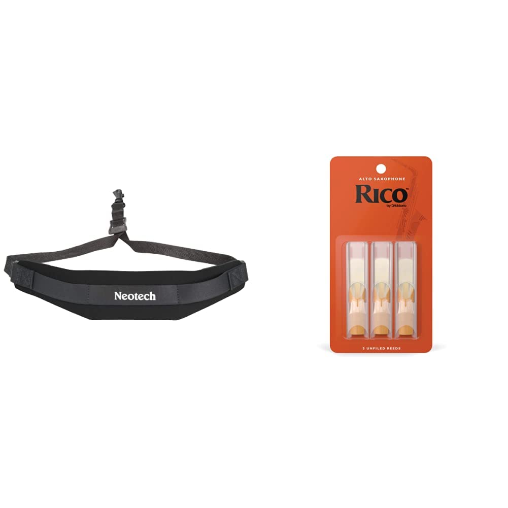 NeotechSoft Sax Sling,1901162, Black & Rico RJA0320 Saxophone Reeds - Reeds for Alto Saxophone - Thinner Vamp Cut for Ease of Play, Traditional Blank for Clear Sound