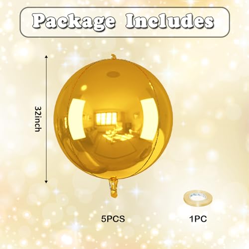 Image of Gold Round Foil Balloons 32 Inch 5 Pcs 4D Ball Balloons Metallic Golden Balloon Ornament Mylar Balloon Chrome for Birthday Graduation Wedding Anniversary New Year Disco Party Decorations