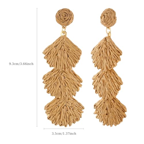Image of Handmade Raffia Hoop Earrings Statement Tropical Bohemian Straw Dangle Earrings Natural Rattan Vacation Style Round Earrings for Women Summer Beach Party Essential Jewelry
