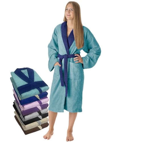 LEBENGOOD Albornoz Mujer 100% Algodón Rizo Americano 450 gsm - Bata de Baño para Ducha, Suave, Absorbente, Unisex, OEKO-TEX® (BicMuj Aqua, M)