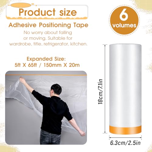 Image of 6 Rolls 60 In x 65 Ft Painters Plastic With Tape, Pre-Taped Masking Film, Tape and Drape, Paint Adhesive Protective Film Roll for Automotive Painting Covering, Automotive Best Masking Tape Painting