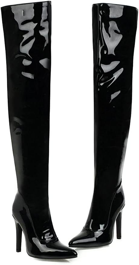 LUXMAX Women Patent Leather Thigh High Boots Stiletto High Heel Pointed Toe Stretch Over The Knee Boots