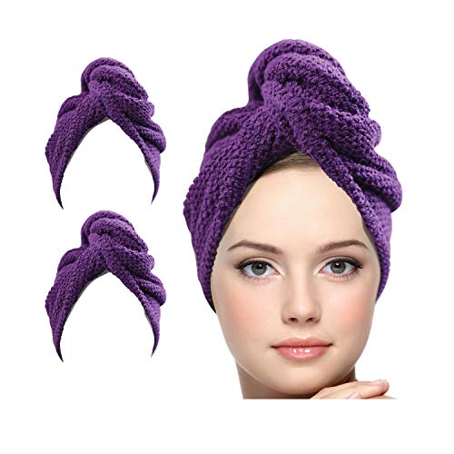 KEEPOZ Hair Towel Wrap Quick Dry 100% Cotton Super Absorbent Turban Head Wrap for Women with Button, Anti Frizz Hair Products, Hair Cap for Curly, Long & Thick Hair (2pcs) (Purple Check)