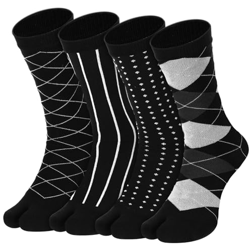 Croloose 4 Pairs Tabi Socks for Men Split Toe Flip-flop Cotton Crew Socks Japanese Ninja Classic Patterned Business(Black)