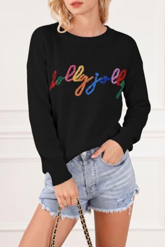 Image of LEMAFER Women 2026 Merry Christmas Round Neck Sequin Letters Sweater Casual Solid Slogan Long Sleeve Pullover Sweatshirt Tops