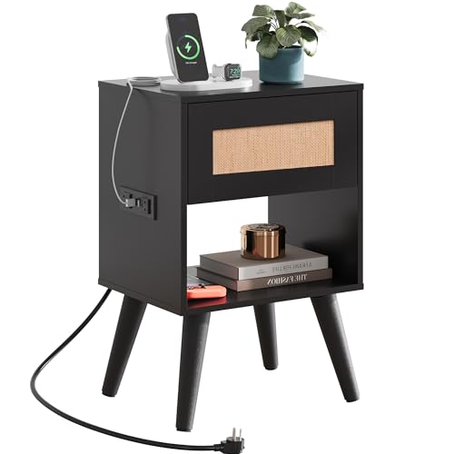 Image of WLIVE Black Rattan Night Stand with Charger Station, Small Side Table Drawer Storage and Shelf, Mid Century Nightstands with Rattan Decor, Small Side Table for Bedroom, Black