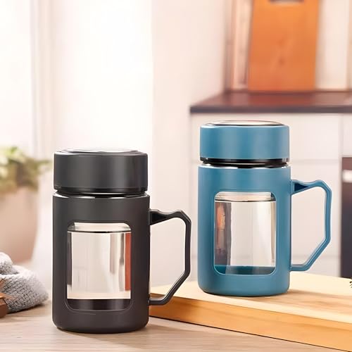 Image of Glass Tea Mug with Handle - 500ml, Set of 1, Portable Loose Leaf Tea Brewer Cup with Leakproof Lid, Heat Resistant Glass Tumbler for Hot & Cold Beverages, Office, Home (Multicolor)