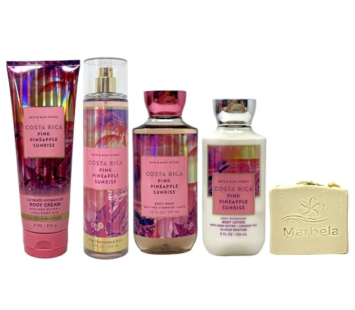 Bath & Body Works Costa Rica Pink Pinapple Sunrise Deluxe Gift Set - Body Cream, Fragrance Mist, Body Wash and Body Lotion - with a Wild Jasmine Bar Soap - Full Size