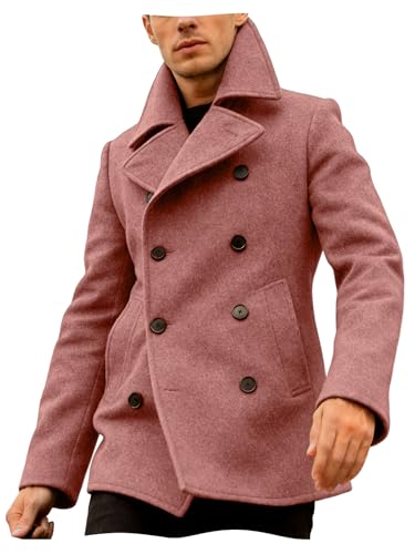 Image of vombivn Mens Pea Coat Double Breasted Coat Jackets Slim Fit Overcoat Heavyweight Trench Coats Pink