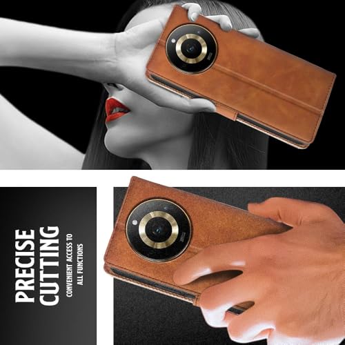 Image of WOW IMAGINE Shock Proof Flip Cover Back Case for Realme Narzo 60 PRO | 11 PRO | 11 PRO Plus 5G (Magnetic Button Flip Case | Wallet Pockets & Stand | Leather Finish | Alder Brown)