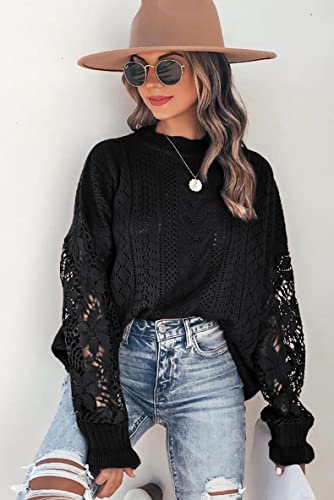 Women Lace Hollow Out Crochet Batwing Long Sleeve Crewneck Sweaters Winter Knit Pullover Jumper Tops,Black,Xxl #TOP3