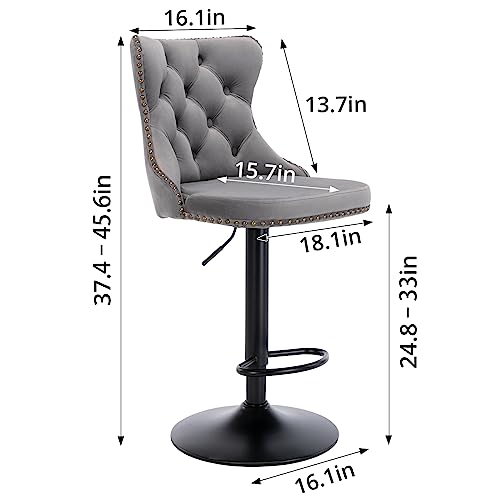 Swivel Bar Stools Set of 2, Adjustable Counter Height Barstools with Nailheads Trim, Button Tufted Back and Black Footrest, Velvet Upholstered Bar Chairs for Dining Room Home Bar Kitchen Island, Gray