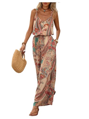 Image of GORGLITTER Women's Boho Paisley Sleeveless Jumpsuits V Neck Wide Leg Playsuits Knotted Shoulder Summer Holiday Dungarees Romper Khaki Medium