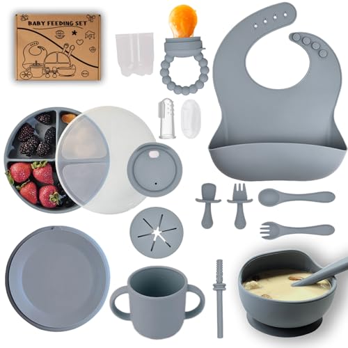 Image of Silicone Baby Feeding Set -16 piece baby led weaning supplies with Suction plates for toddlers, bowls, Baby Utensils, Snack Cup, Sippy Cups, Toddler Utensils items Gray 6+ Months essentials must have