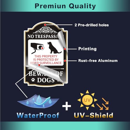 Yuzkouge No Trespassing Beware of Dogs Sign - 2 Pack, 12” x 8” Rust Free Aluminum Private Property Sign, Weatherproof, Fade Resistant, Easy Mounting(Black) - Image 3