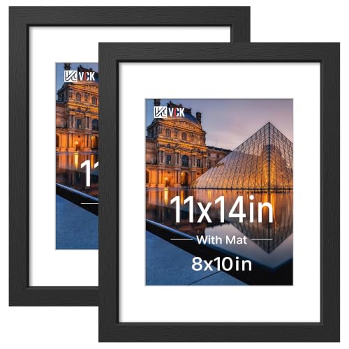 Image of VCK 11x14 Picture Frame with Real Glass, Black Wood, 8x10 Mat, 2 Pack
