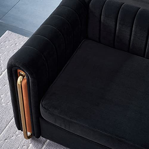Image of KEIKI 84 inch Velvet Deep Channel Tufted Sofa with Back Cushions and Rolled Arms, Modern Style 3-Seater Couch with Golden Polished Steel Legs, Easy Assembly, for Living Room, Bedroom, Office, Black