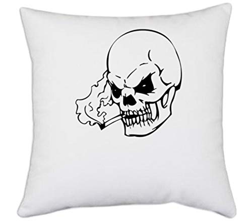 UDNAG White Polyester 'Death | Skull Smoking Skills' Pillow Cover (16 Inches X 16 Inches)