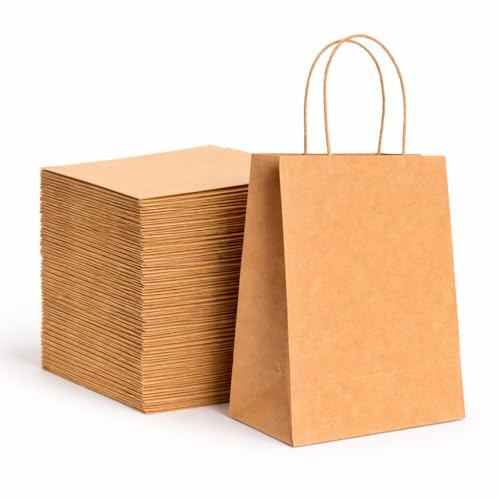 HURUC 50 Pcs Brown Paper Bags With Handles,130GSM, Small Paper Gift Bags, Eco-Friendly Kraft Carrier Bags, Christmas, Easter, Birthday Parties,18x24x8cm