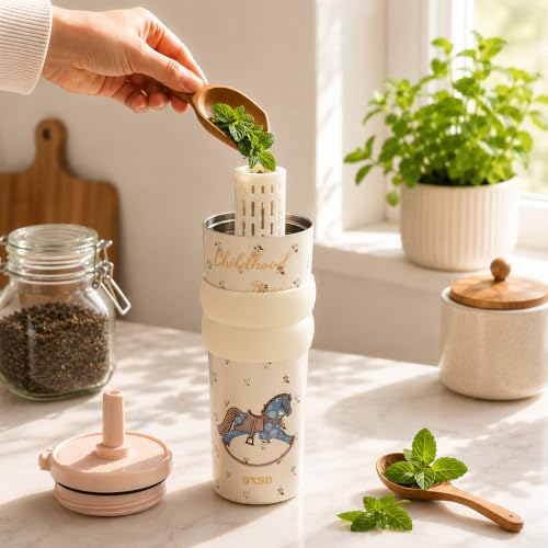 Image of Vasukie Stainless Steel Travel Tumbler with Straw and Lid, Vintage Rocking Horse Thermal Coffee Cup, Leakproof Water Bottle for School, Office, Car, Cottagecore Gift for Girls & Women (700ML)