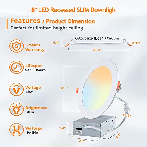 Jjiuzming 8 Inch Led Recessed Light 1 Pack,18W Eqv 150W,Recessed Lighting Ultra-Thin Ceiling Light With J-Box,Canless Fixtures,3Cct 3000K/4000K/6000K Selectable Dimmable,1700Lm High Brightnes #TOP4