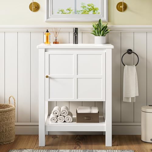 ELEVACHIC 24 Inch Bathroom Vanity with Sink, Small Farmhouse Freestanding Bathroom Cabinet Combo Set, Soft Closing Door and Open Storage Shelf, White
