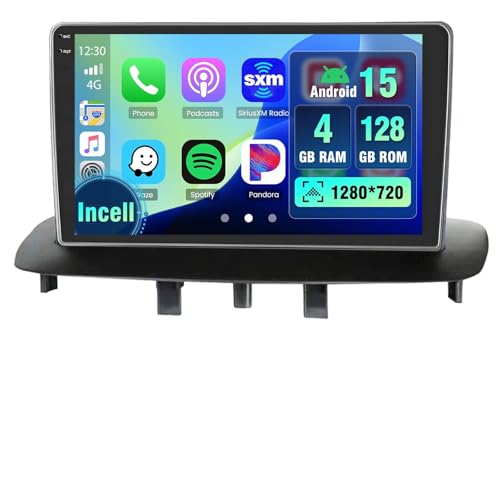 Hikity 4+128G Android Radio Coche para Renault Megane 3 2009-2014 Inalámbrico Carplay, Pantalla Táctil Incell 9 Pulgadas Android Auto/Bluetooth 5.0/GPS/FM/RDS/Cámara Trasera