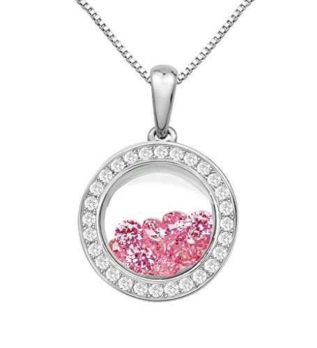 PARIKHS Round Pendant Floating Pink Cubic Zirconia Inside -CZ Border - Sterling Silver