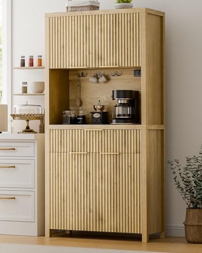Image of Lulive 71 inch Fluted Pantry Cabinet with Charging Station, Natrual | Adjustable Shelves, Open Countertop, Drawer, Spacious Kitchen Storage