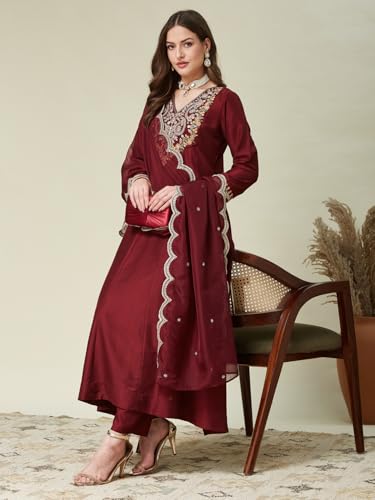 Image of MOKOSH Women's Silk Embroidered Anarkali Kurta Pant & Dupatta | Anarkali Kurta Set |Embroidered | V Neck 3 /4 Sleeve Ethnic Suit |3 Piece Outfit | Floral 3 Colour Options Available