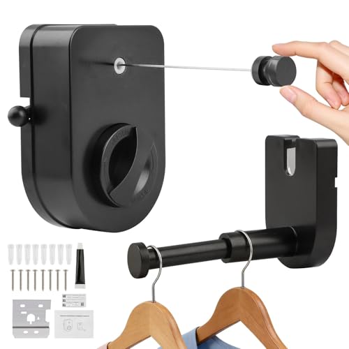 Retractable Clothesline 14 Ft, Clothesline Indoor with Tension Adjuster & Hanger Rod, 304 Stainless Steel Heavy Duty Clothes Drying Laundry Line for Bathroom Balcony