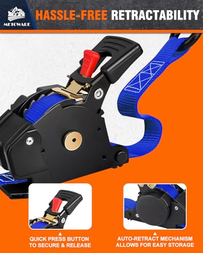 Image of METOWARE Retractable Ratchet Straps (4-Pack) - 1 in x 10 Ft (1500lb Break Strength) - Heavy Duty Auto Self Retracting Tie Down Straps for Truck, Trailer, Cargo Van, Motorcycle - Blue