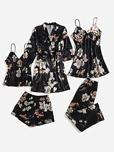Shein Women's 5Pcs Sleepwear Floral Print Satin Silk Pajamas Cami Shirt Pj Set Set Multicolor Small #TOP4