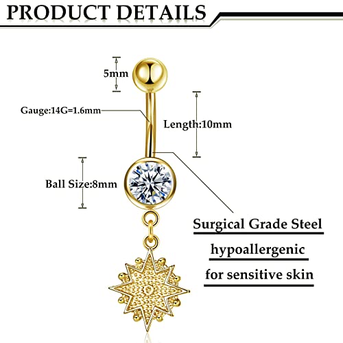 Hicarer 8 Pieces 14G Belly Button Rings Steel Long Dangle Navel Ring CZ Body Piercing Jewelry3