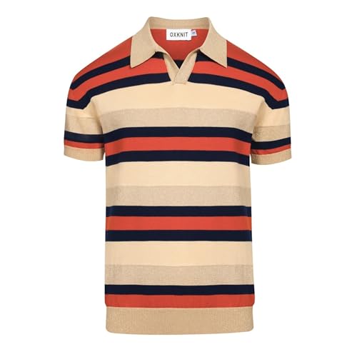 Men's Knit Polo Shirts, 1960s Mod Style Retro Stripe Short Sleeves Casual V-Neck Short Shirts, Light Brown