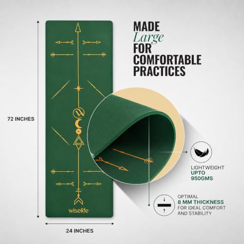 Image of WiseLife Boho Alignment 8mm Yoga Mat | Non-Slip Thick Exercise Mat | Anti-Skid Yoga & Fitness Mat for Yoga, Pilates, Gym & Flexibility Training (Green)
